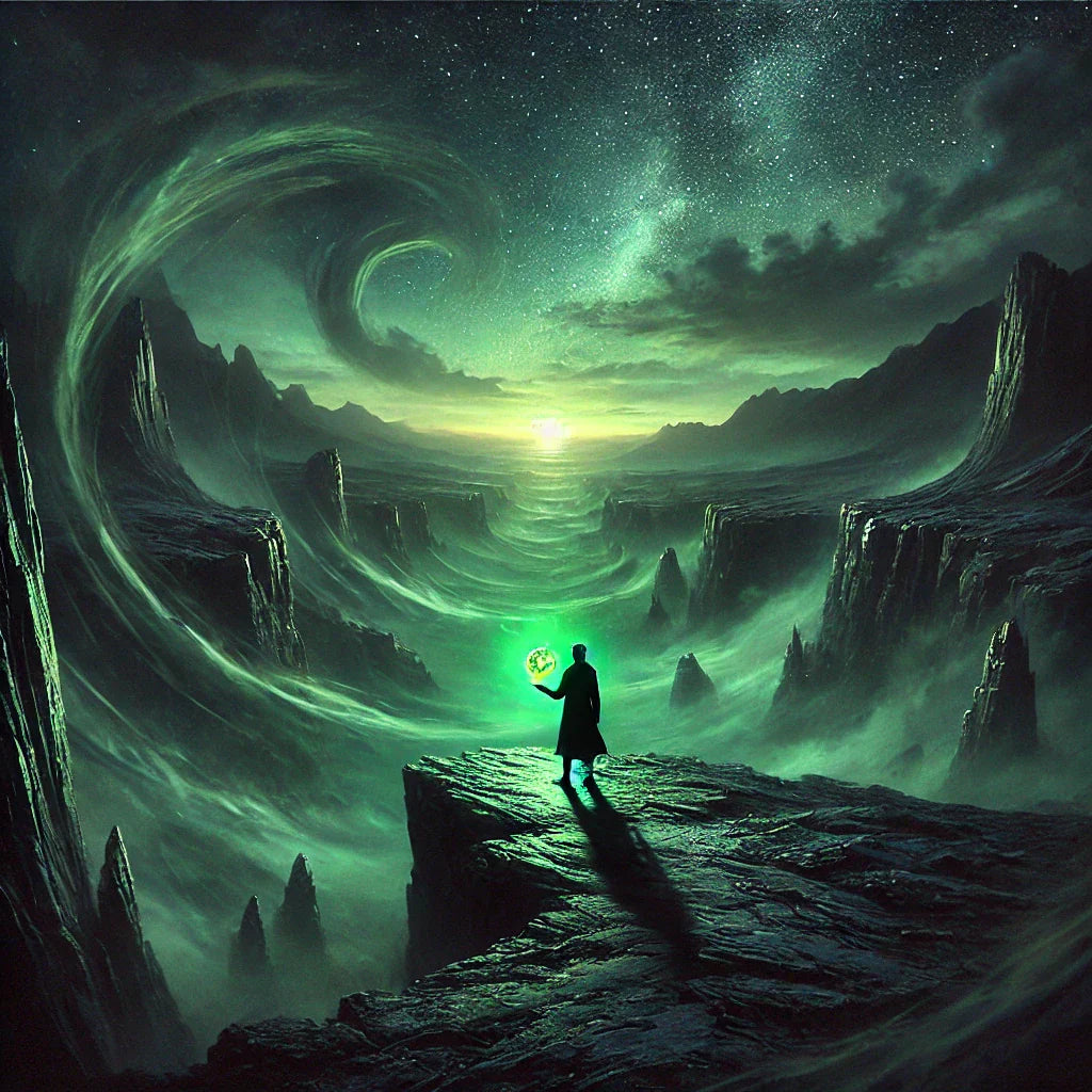 Radiant green star illuminating a moldavite crystal over dark forest, artistic concept for moldavite metaphysical transformation