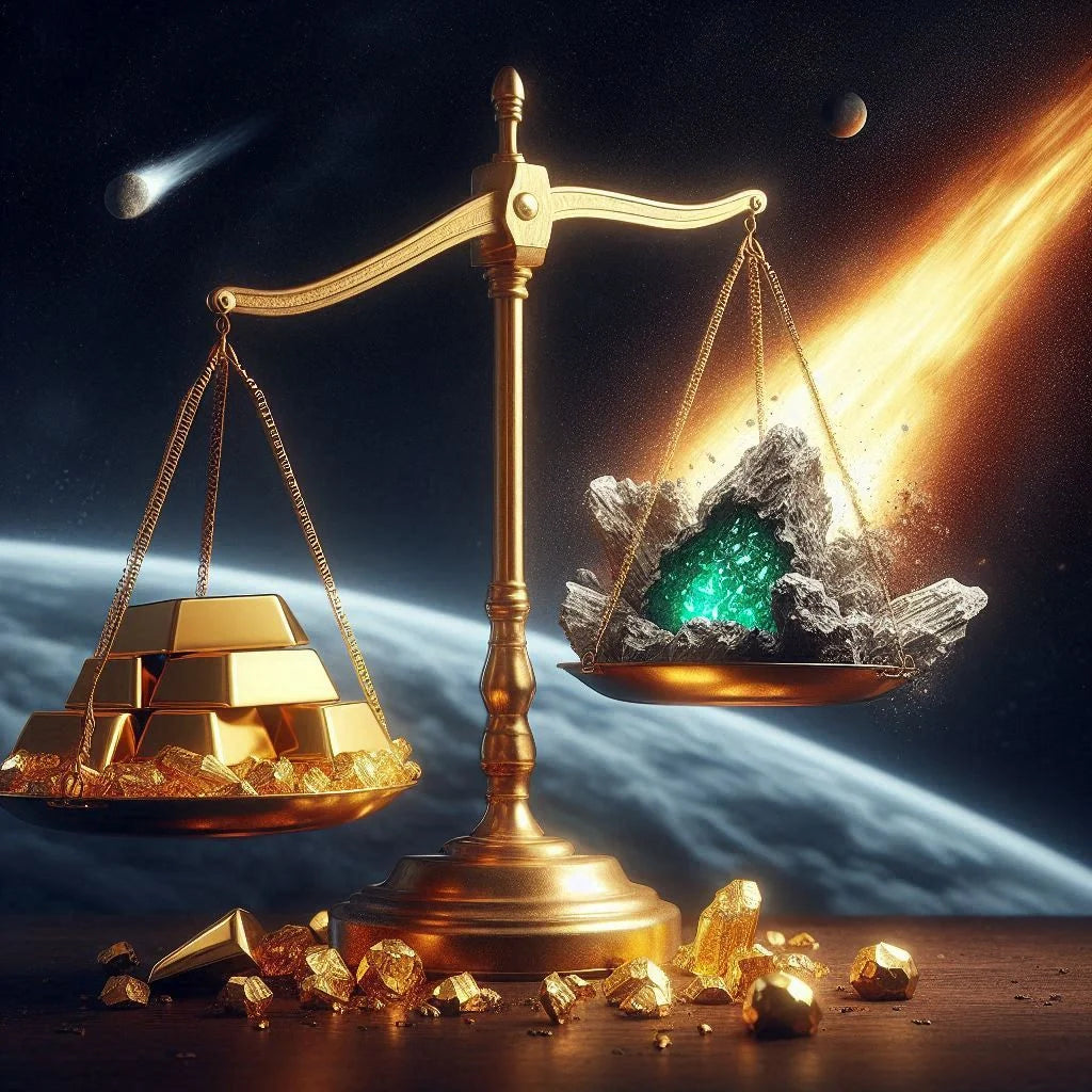 raw moldavite crystal next to gold bars