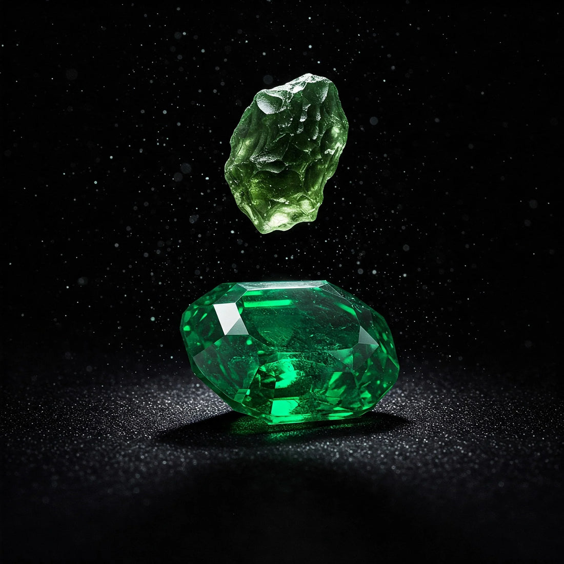 Lustrous emerald and raw moldavite levitate over black velvet in a high-fashion, opulent still life.