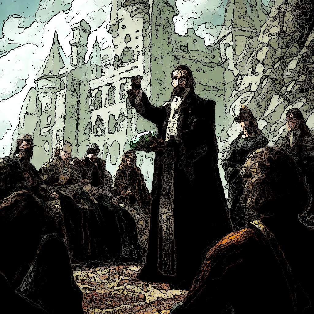 A druid holds a raw moldavite crystal in his hand and explains its esoteric meaning