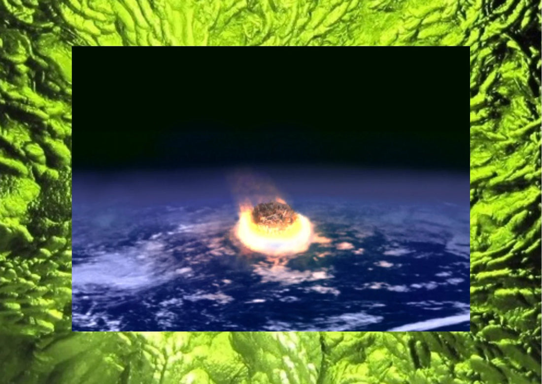The impact of a giant meteorite on Earth against a background of green moldavite.