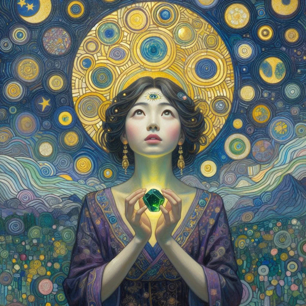 Moldavite crystal on starry backdrop suggesting alien nanotechnology inside authentic moldavite