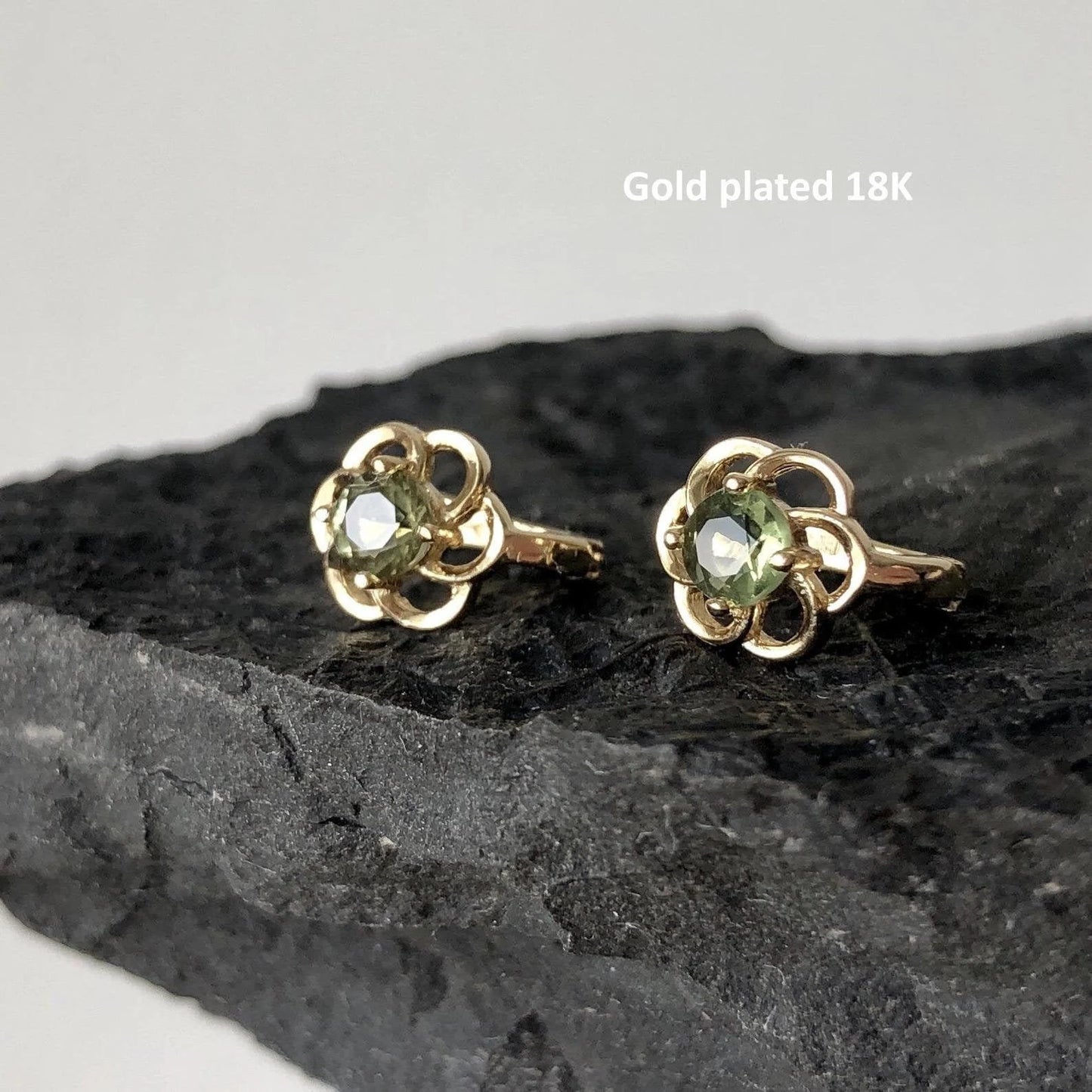 Genuine CZECH MOLDAVITE Earrings Round Faceted 4 mm Gemstone Cut brilliant. 925 Sterling Silver earrings.