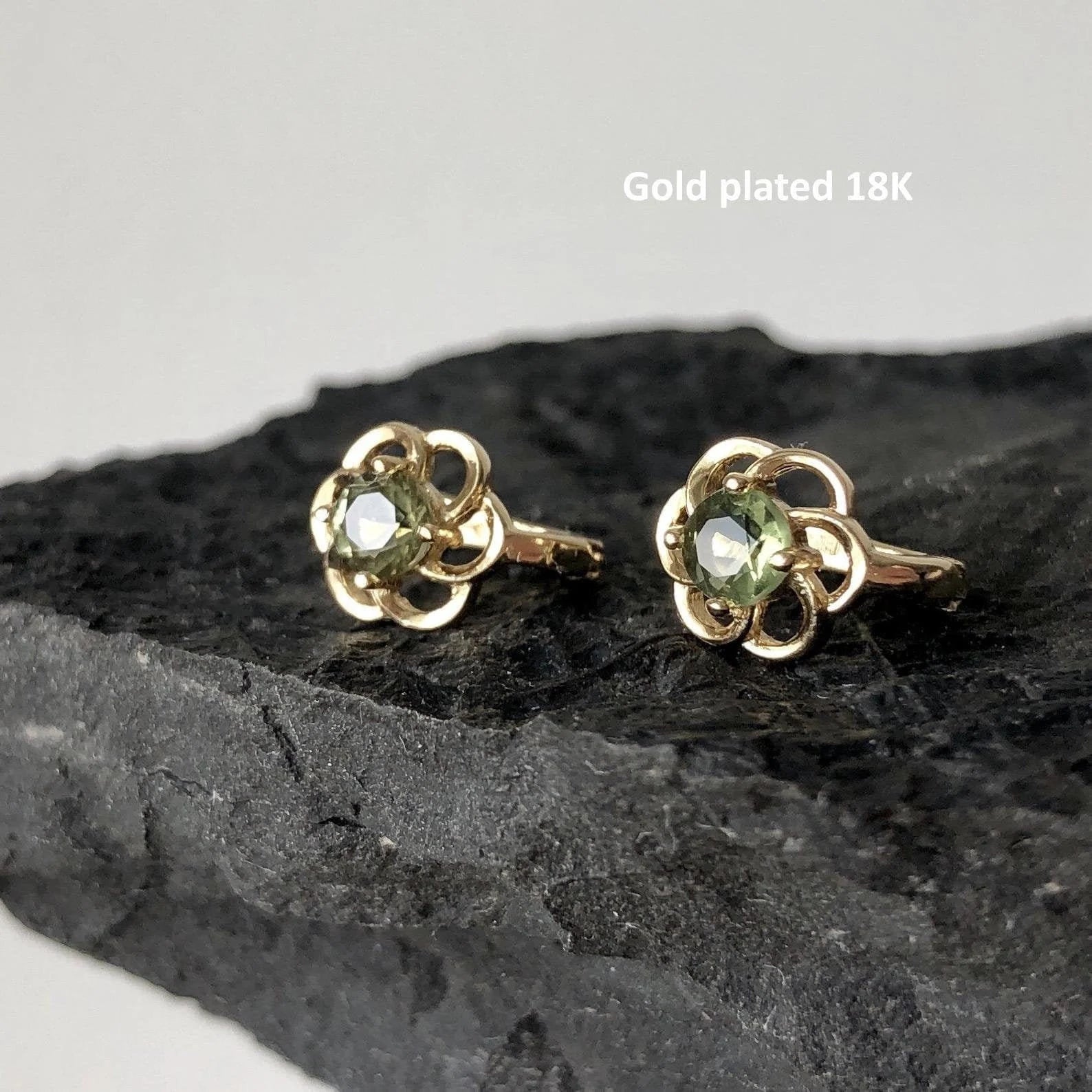 Genuine CZECH MOLDAVITE Earrings Round Faceted 4 mm Gemstone Cut brilliant. 925 Sterling Silver earrings.