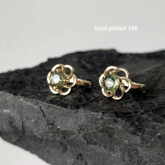 Genuine CZECH MOLDAVITE Earrings Round Faceted 4 mm Gemstone Cut brilliant. 925 Sterling Silver earrings.