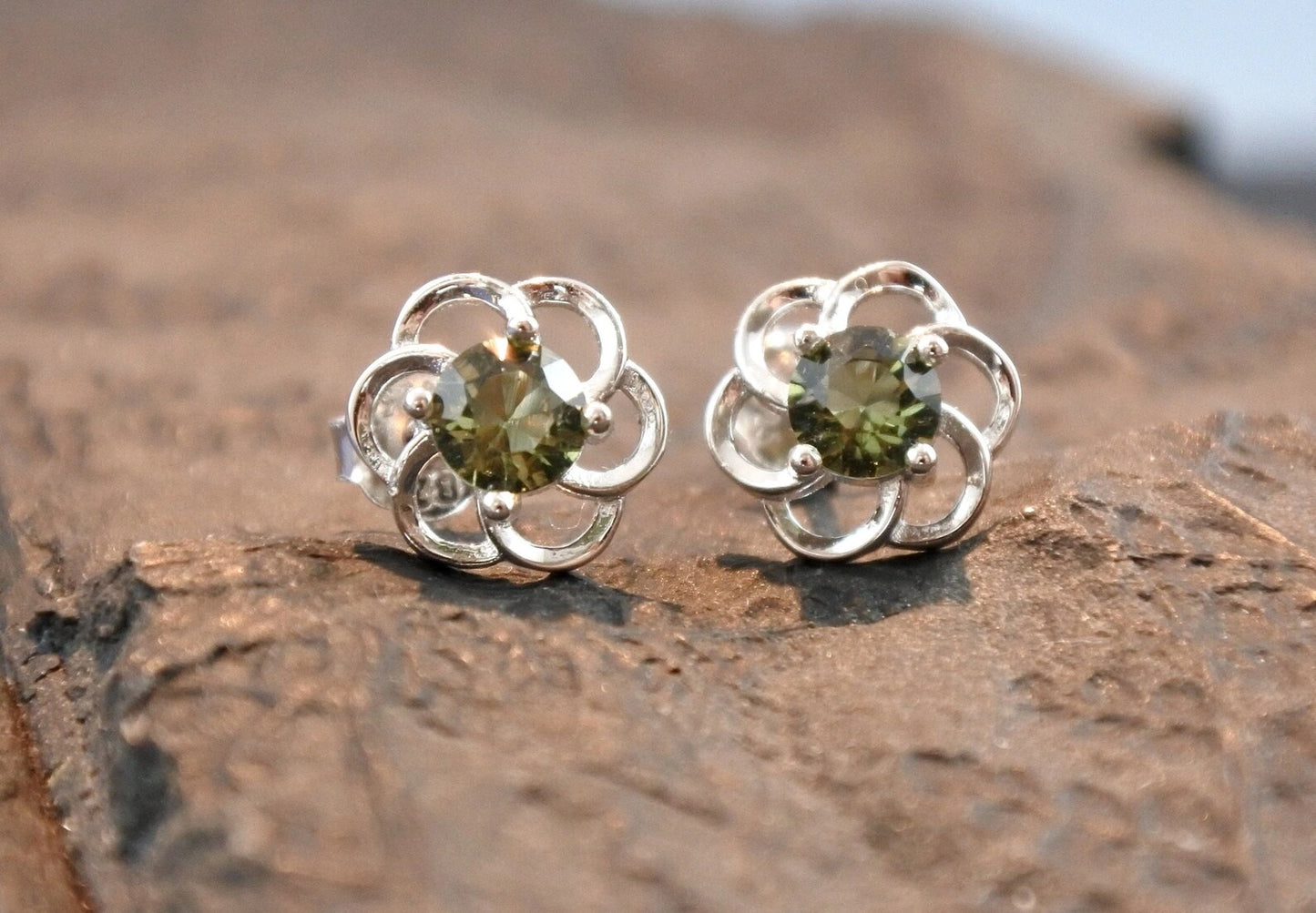 4 mm CZECH MOLDAVITE Faceted Earrings Sterling Silver jewelry Moldavite from Czech Republic, genuine czech moldavite gemstone earrings gift