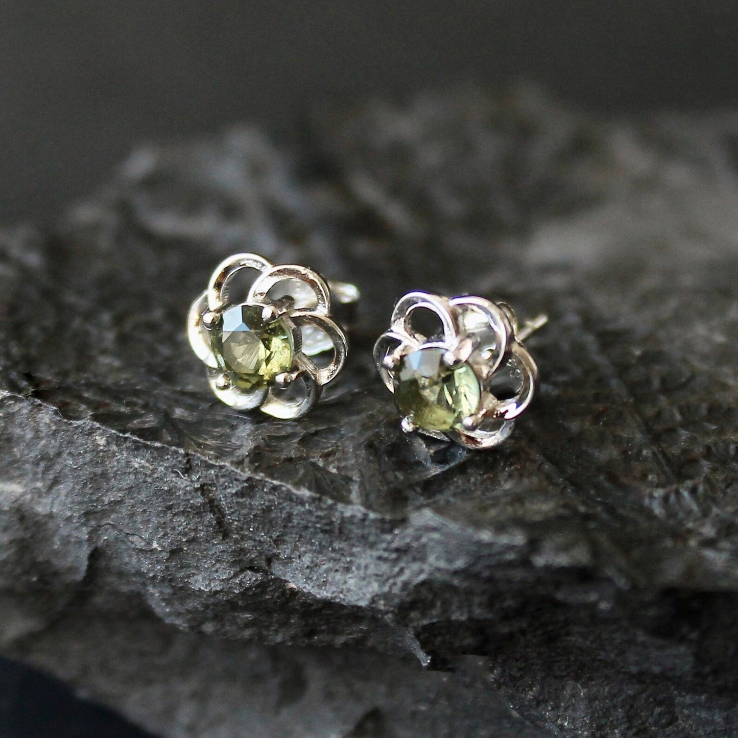 4 mm CZECH MOLDAVITE Faceted Earrings Sterling Silver jewelry Moldavite from Czech Republic, genuine czech moldavite gemstone earrings gift