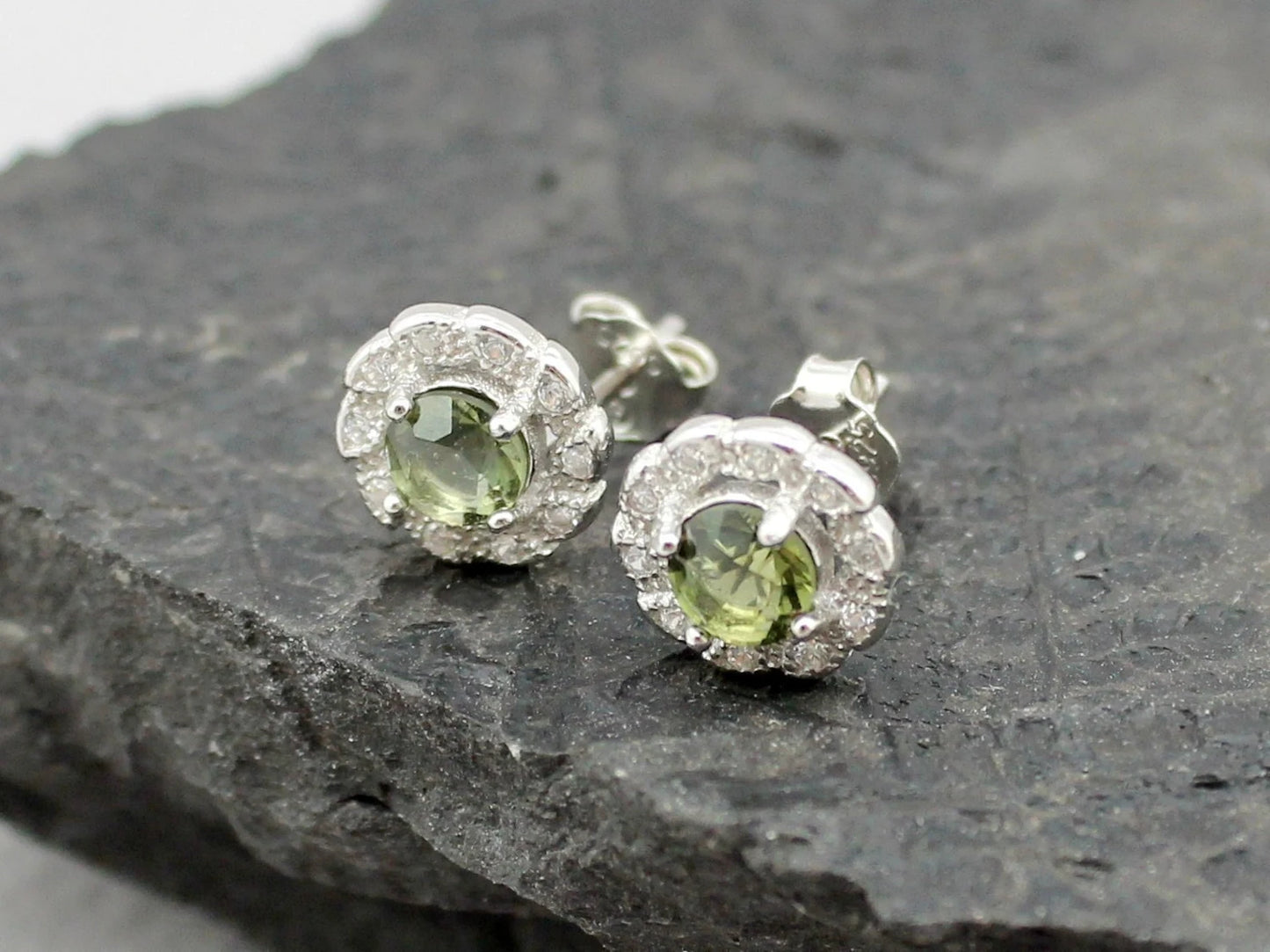 4mm CZECH MOLDAVITE Earrings Sterling Silver jewelry real Moldavite Stud Earrings, genuine moldavite gemstone earrings moldavite jewelry