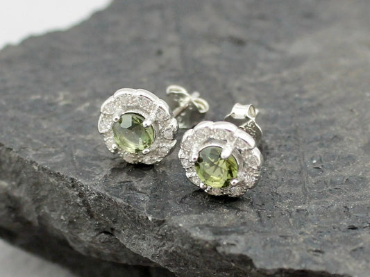 4mm CZECH MOLDAVITE Earrings Sterling Silver jewelry real Moldavite Stud Earrings, genuine moldavite gemstone earrings moldavite jewelry
