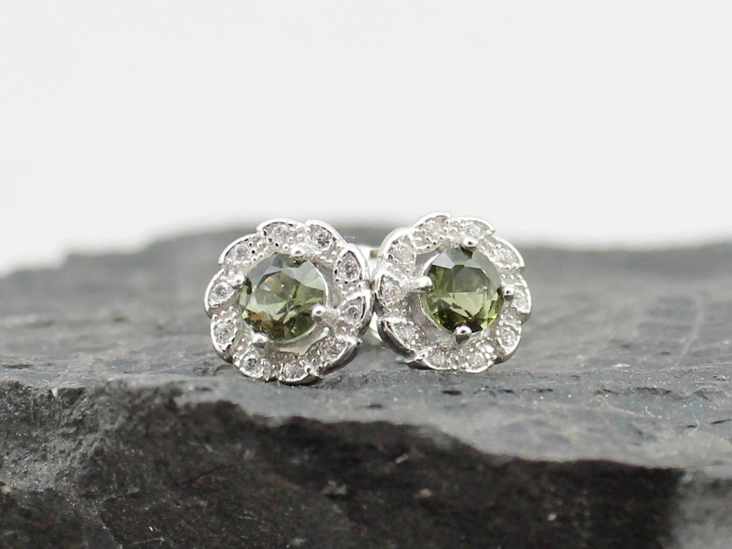 4mm CZECH MOLDAVITE Earrings Sterling Silver jewelry real Moldavite Stud Earrings, genuine moldavite gemstone earrings moldavite jewelry