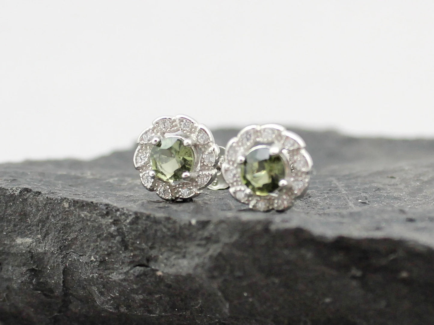 4mm CZECH MOLDAVITE Earrings Sterling Silver jewelry real Moldavite Stud Earrings, genuine moldavite gemstone earrings moldavite jewelry