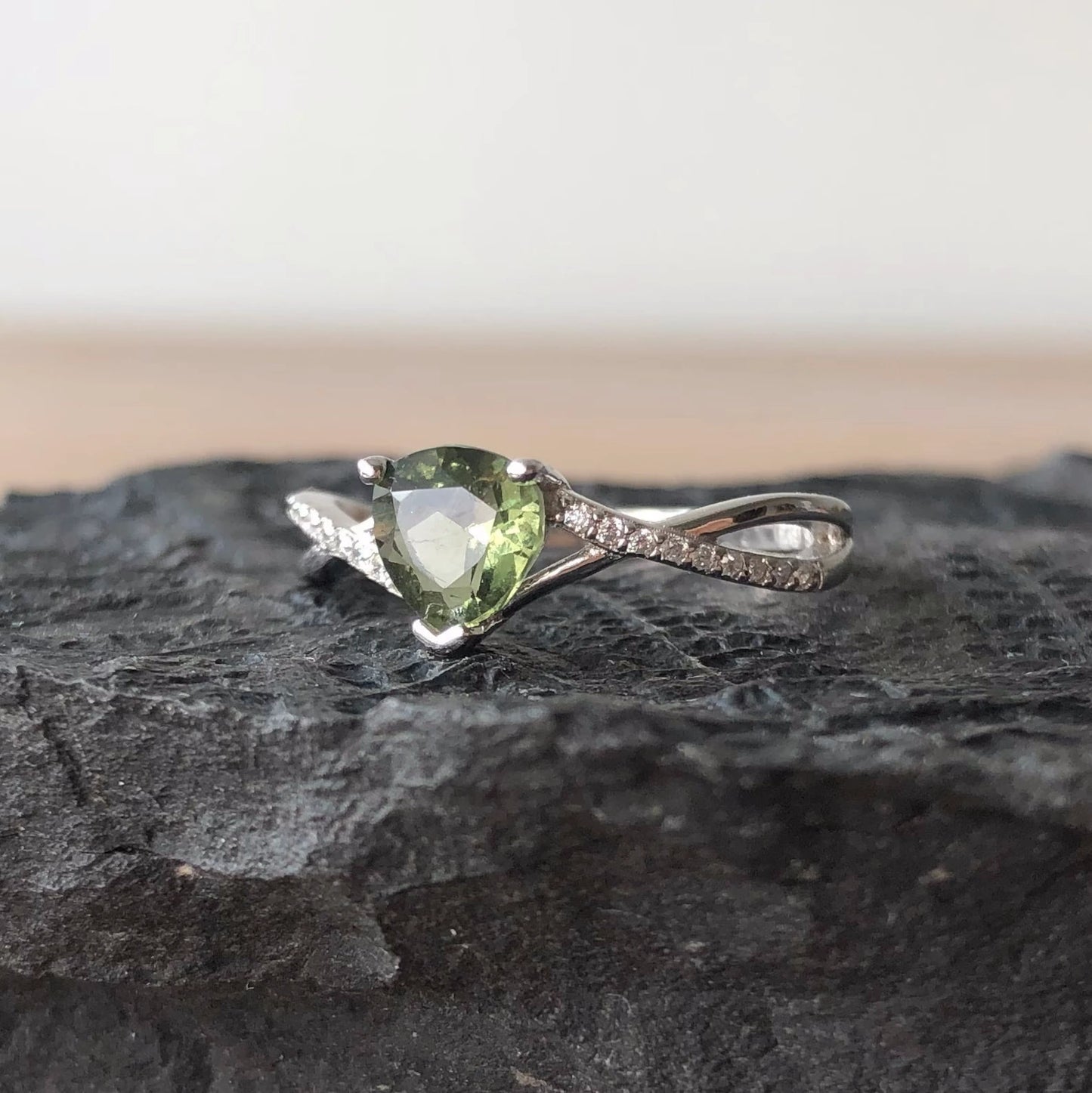 6mm Heart Faceted Moldavite stone Silver ring, real moldavite ring- Czech moldavite jewelry, genuine moldavite ring authentic moldavite ring