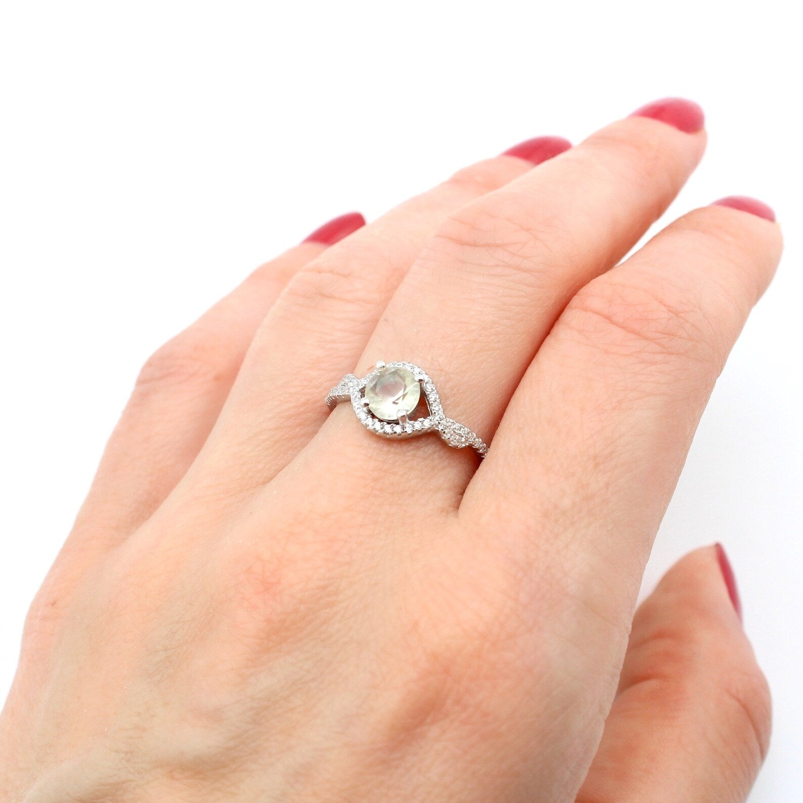 Genuine Libyan Desert Glass Round Faceted Gemstone Ring 6 mm, Cut brilliant. 925 Sterling Silver ring.