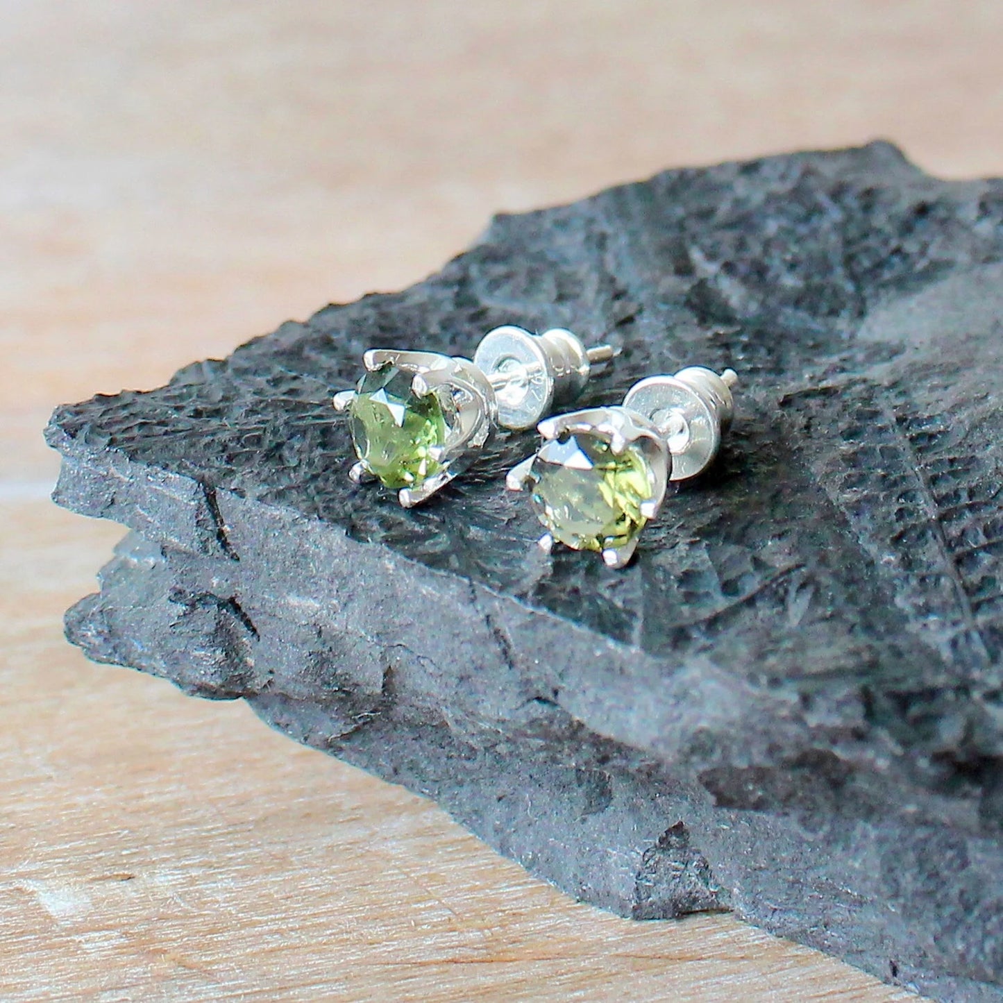 6 mm CZECH MOLDAVITE Earrings Sterling Silver jewelry real Moldavite Stud Earrings, genuine moldavite gemstone earrings Moldavite jewelry