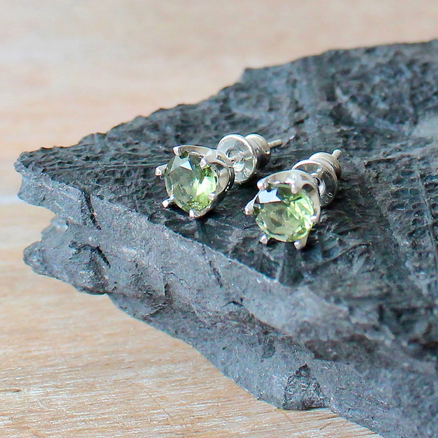 6 mm CZECH MOLDAVITE Earrings Sterling Silver jewelry real Moldavite Stud Earrings, genuine moldavite gemstone earrings Moldavite jewelry