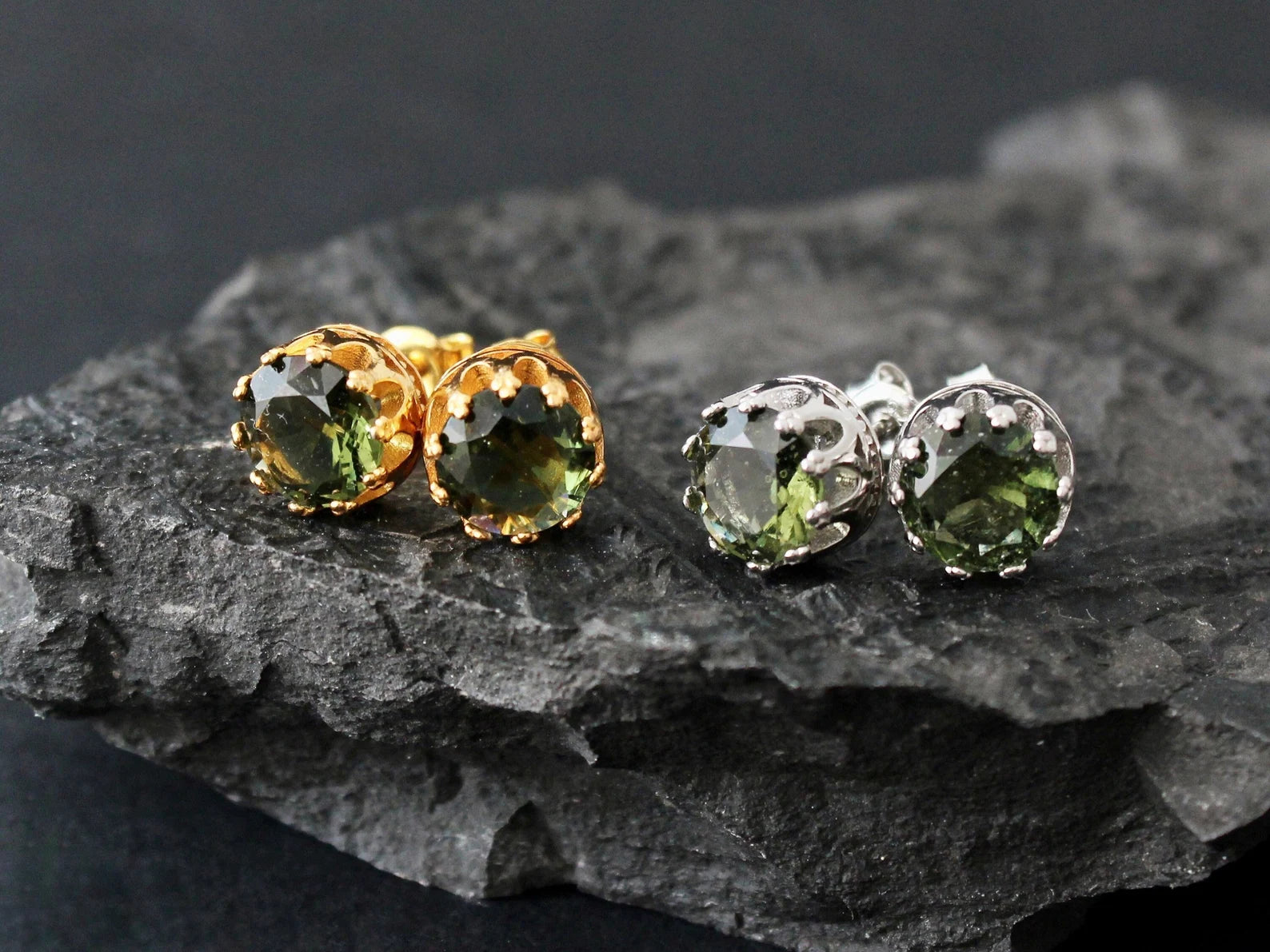 8 mm CZECH MOLDAVITE Faceted Stud Earrings Sterling Silver jewelry Moldavite from Czech Republic, genuine czech moldavite gemstone earrings