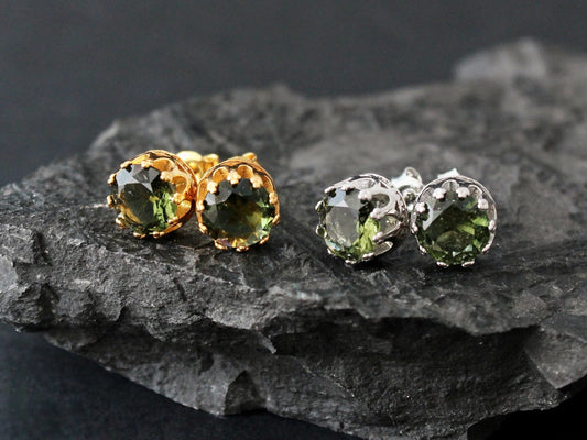 8 mm CZECH MOLDAVITE Faceted Stud Earrings Sterling Silver jewelry Moldavite from Czech Republic, genuine czech moldavite gemstone earrings