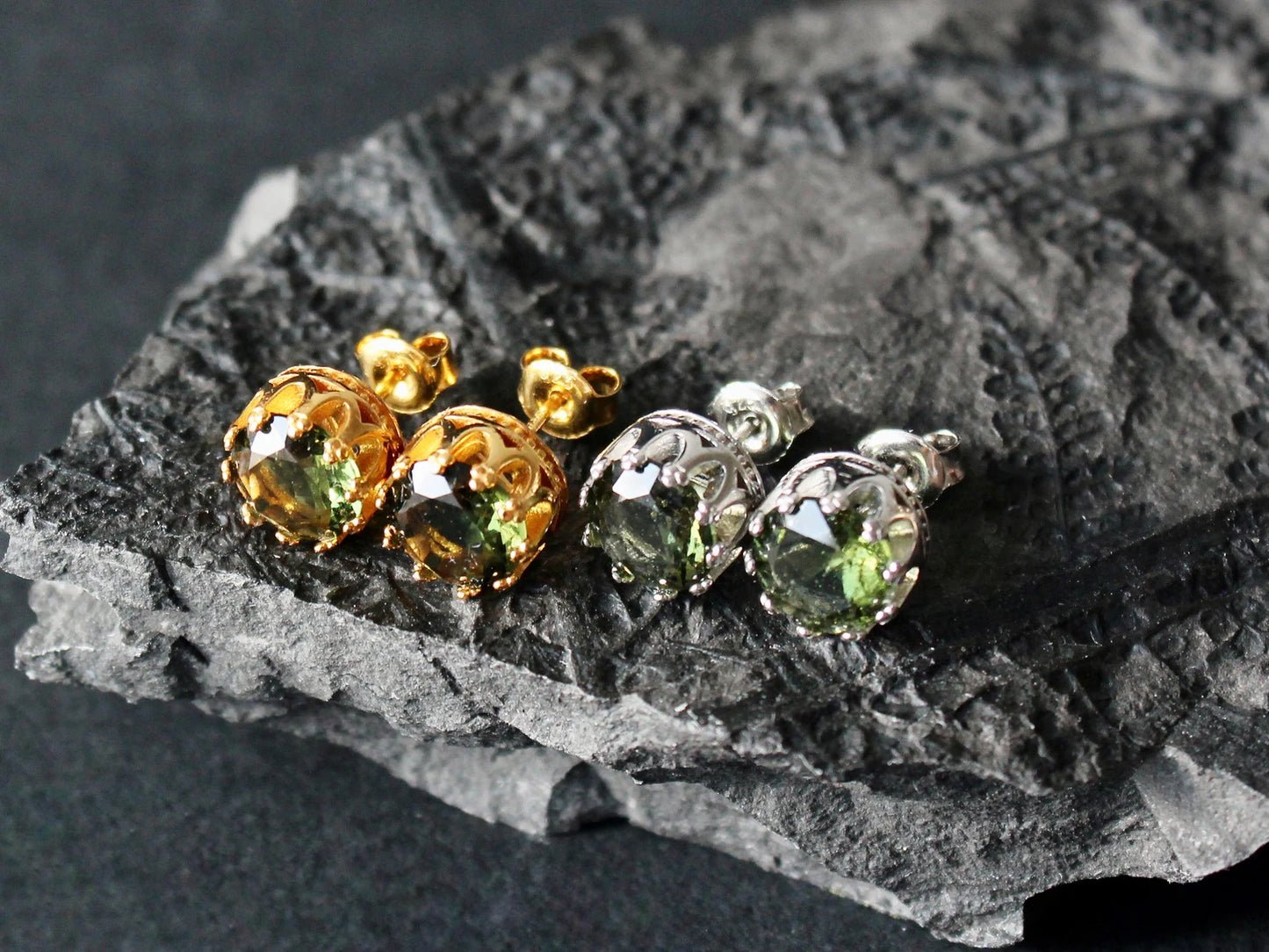 8 mm CZECH MOLDAVITE Faceted Stud Earrings Sterling Silver jewelry Moldavite from Czech Republic, genuine czech moldavite gemstone earrings