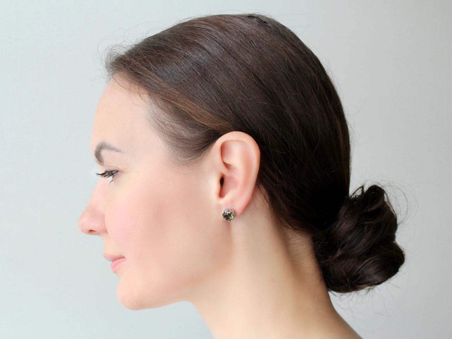 8 mm CZECH MOLDAVITE Faceted Stud Earrings Sterling Silver jewelry Moldavite from Czech Republic, genuine czech moldavite gemstone earrings