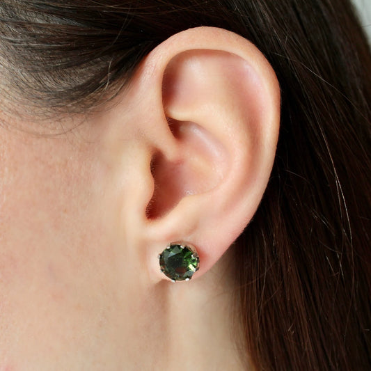 9 mm CZECH MOLDAVITE Stud Earrings Sterling Silver Moldavite jewelry Genuine moldavite earrings Certified moldavite earrings Moldavite studs