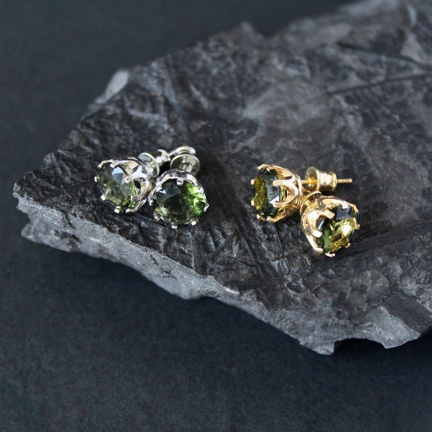 9 mm CZECH MOLDAVITE Stud Earrings Sterling Silver Moldavite jewelry Genuine moldavite earrings Certified moldavite earrings Moldavite studs