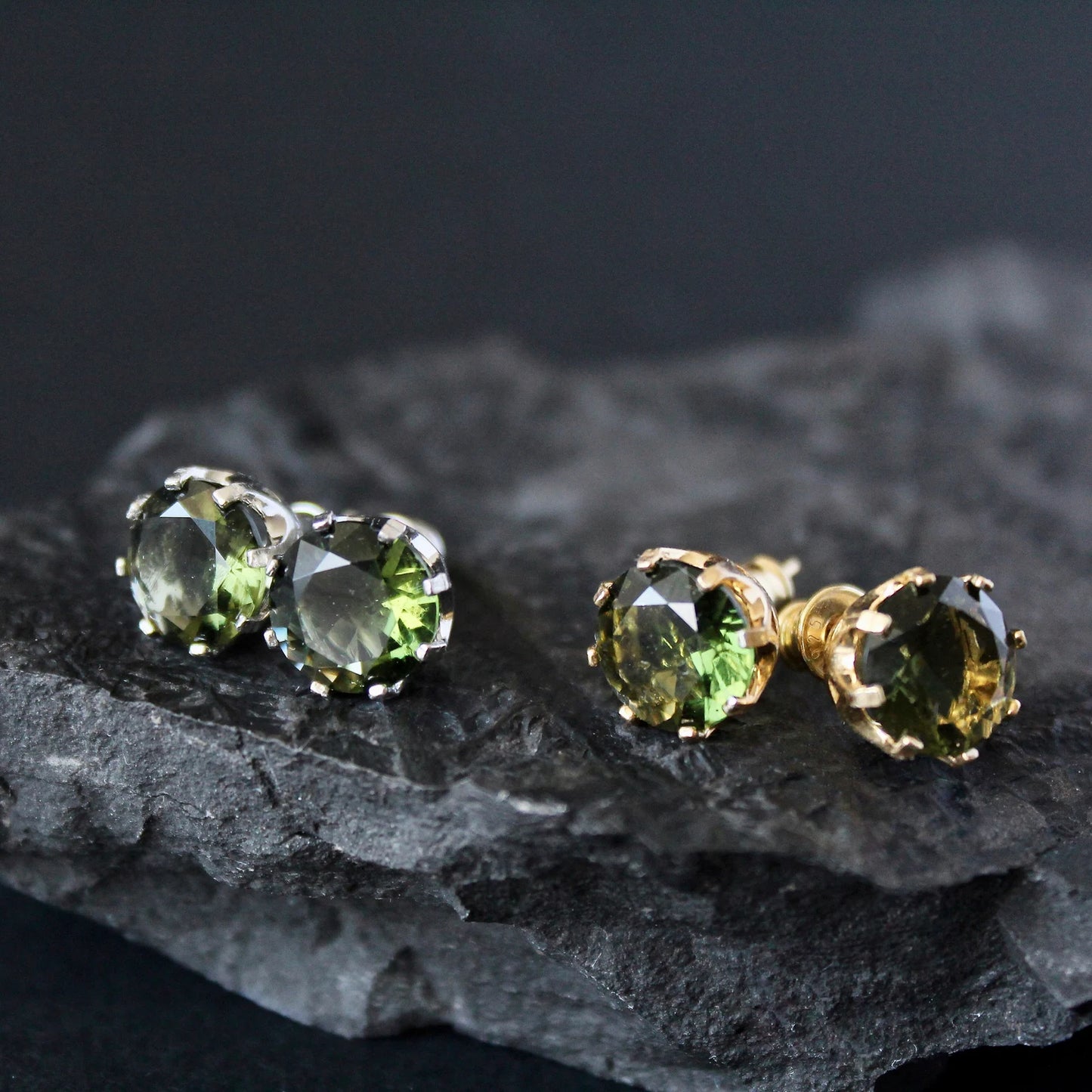 9 mm CZECH MOLDAVITE Stud Earrings Sterling Silver Moldavite jewelry Genuine moldavite earrings Certified moldavite earrings Moldavite studs