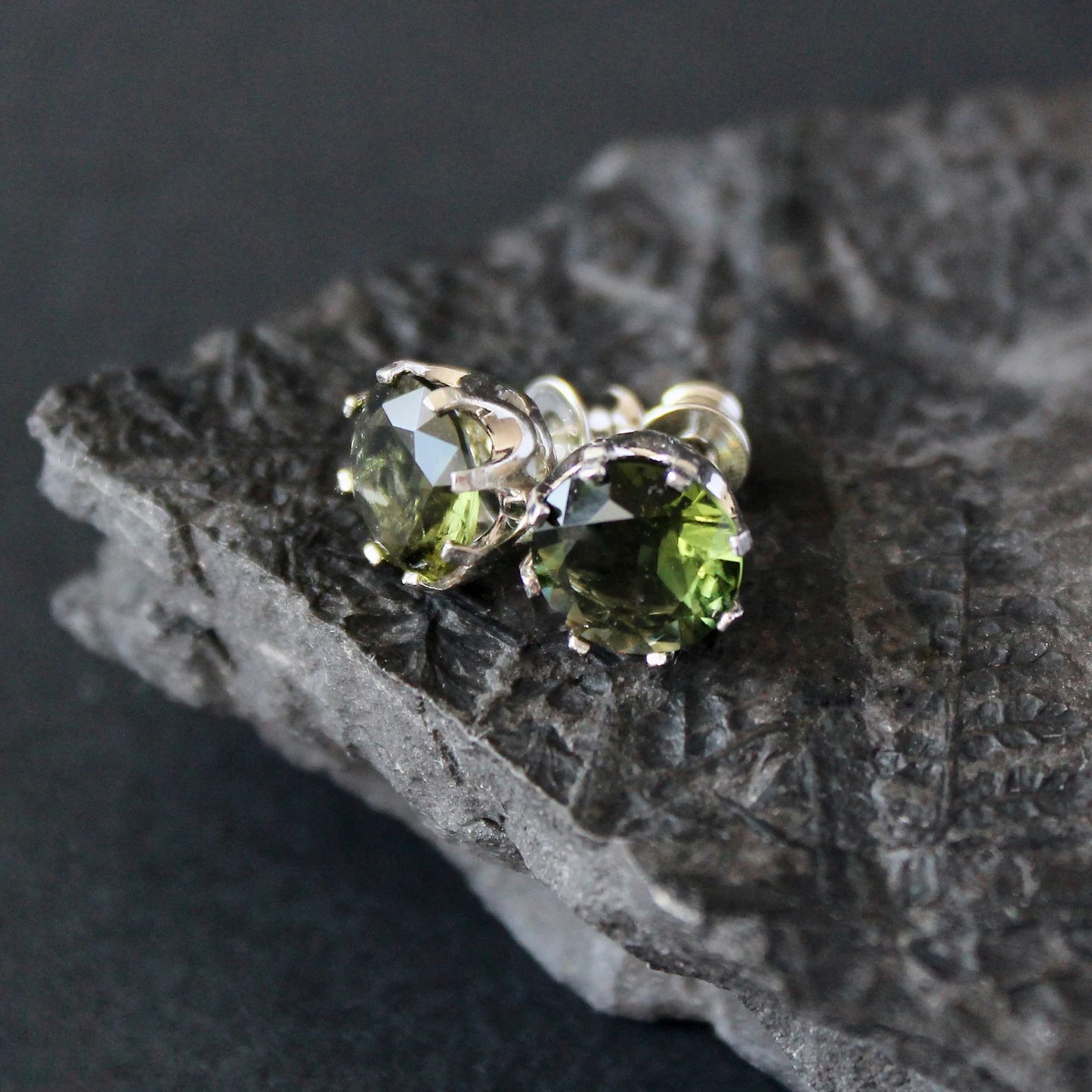 9 mm CZECH MOLDAVITE Stud Earrings Sterling Silver Moldavite jewelry Genuine moldavite earrings Certified moldavite earrings Moldavite studs