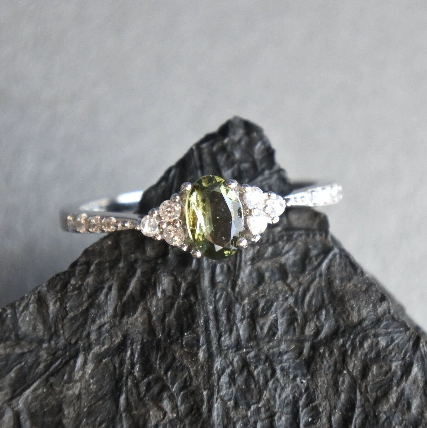 Silver Moldavite Ring 4x6 mm stone, Authentic Moldavite jewelry- Genuine Moldavite gemstone ring, Faceted moldavite ring real moldavite gift