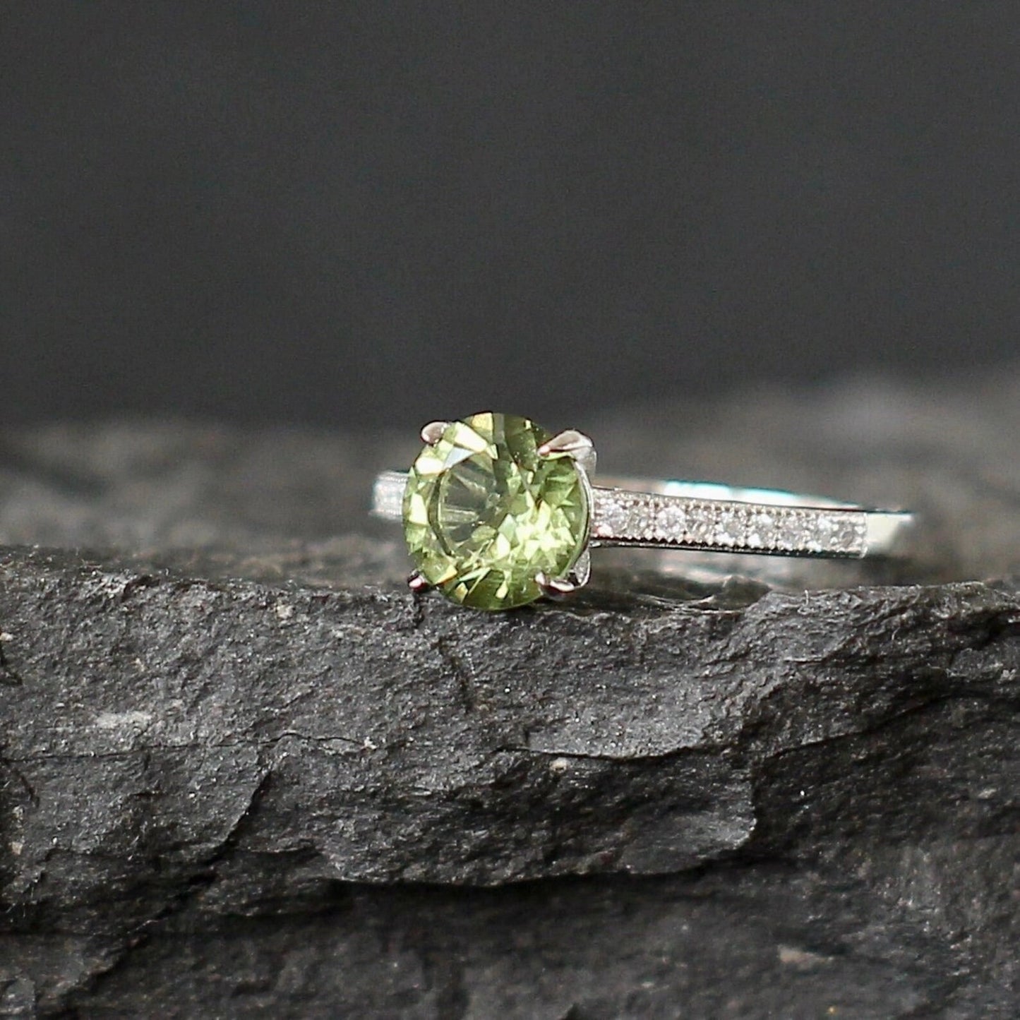 Silver Moldavite Ring 7 mm stone, Authentic Moldavite jewelry- Czech Genuine Moldavite gemstone ring, Faceted moldavite ring real moldavite