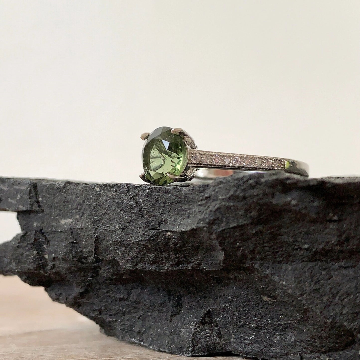 Silver Moldavite Ring 7 mm stone, Authentic Moldavite jewelry- Czech Genuine Moldavite gemstone ring, Faceted moldavite ring real moldavite