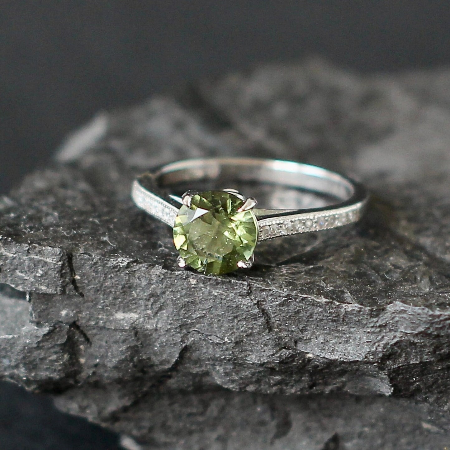 Silver Moldavite Ring 7 mm stone, Authentic Moldavite jewelry- Czech Genuine Moldavite gemstone ring, Faceted moldavite ring real moldavite
