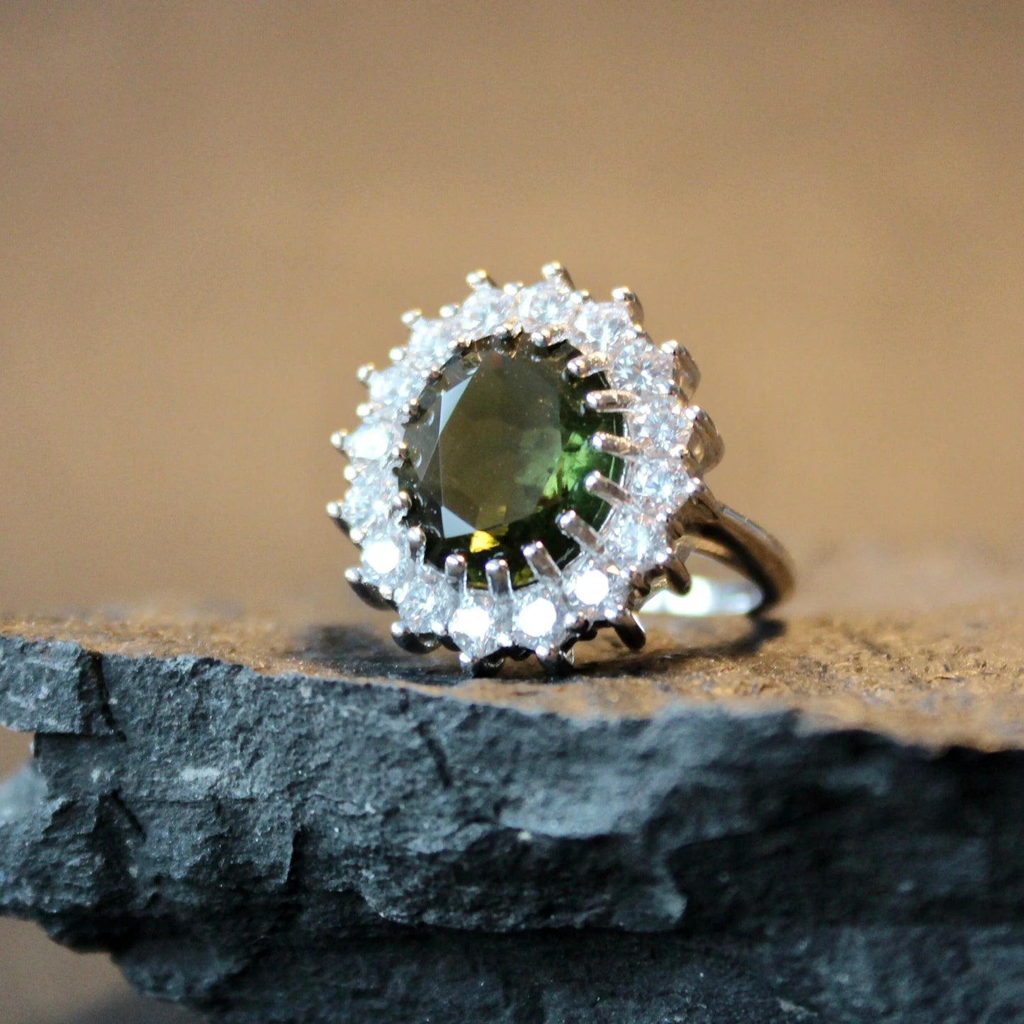 Silver Moldavite Ring 9.5x11.5 mm stone, Authentic Moldavite jewelry- Genuine Moldavite gemstone ring, Faceted moldavite ring real moldavite