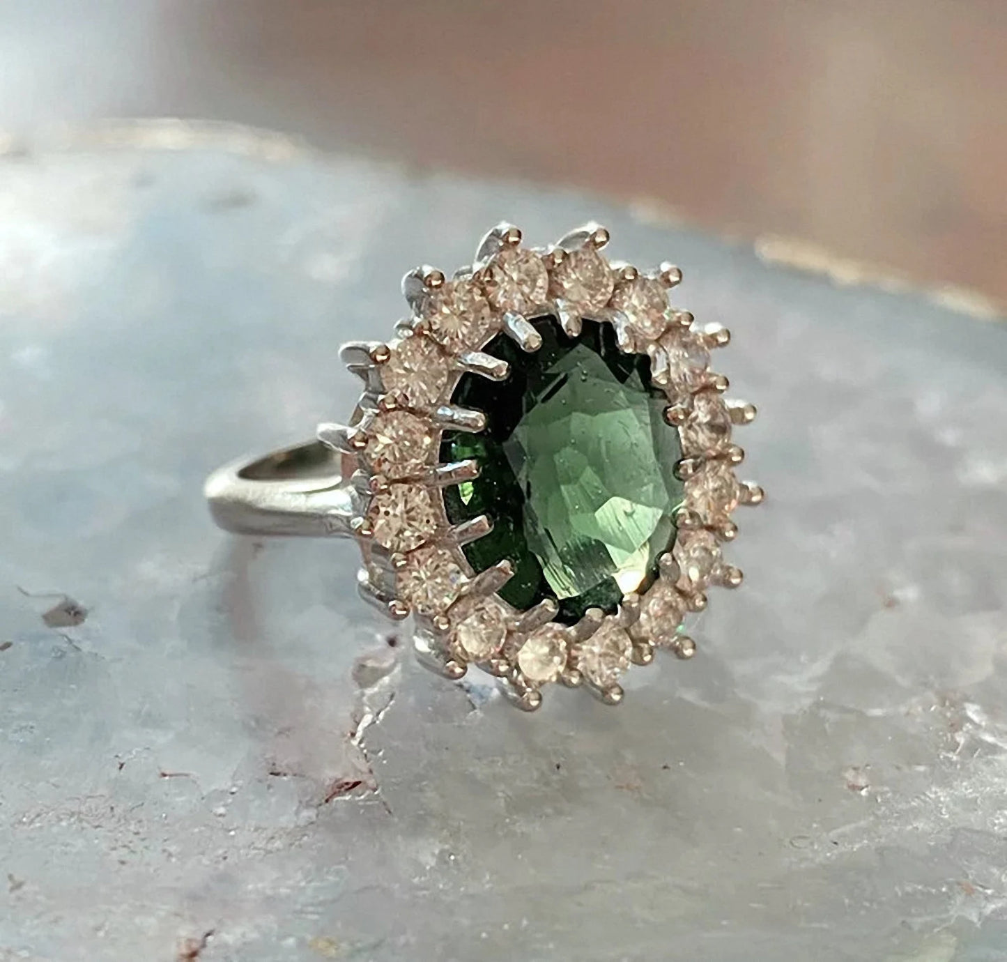 Silver Moldavite Ring 9.5x11.5 mm stone, Authentic Moldavite jewelry- Genuine Moldavite gemstone ring, Faceted moldavite ring real moldavite