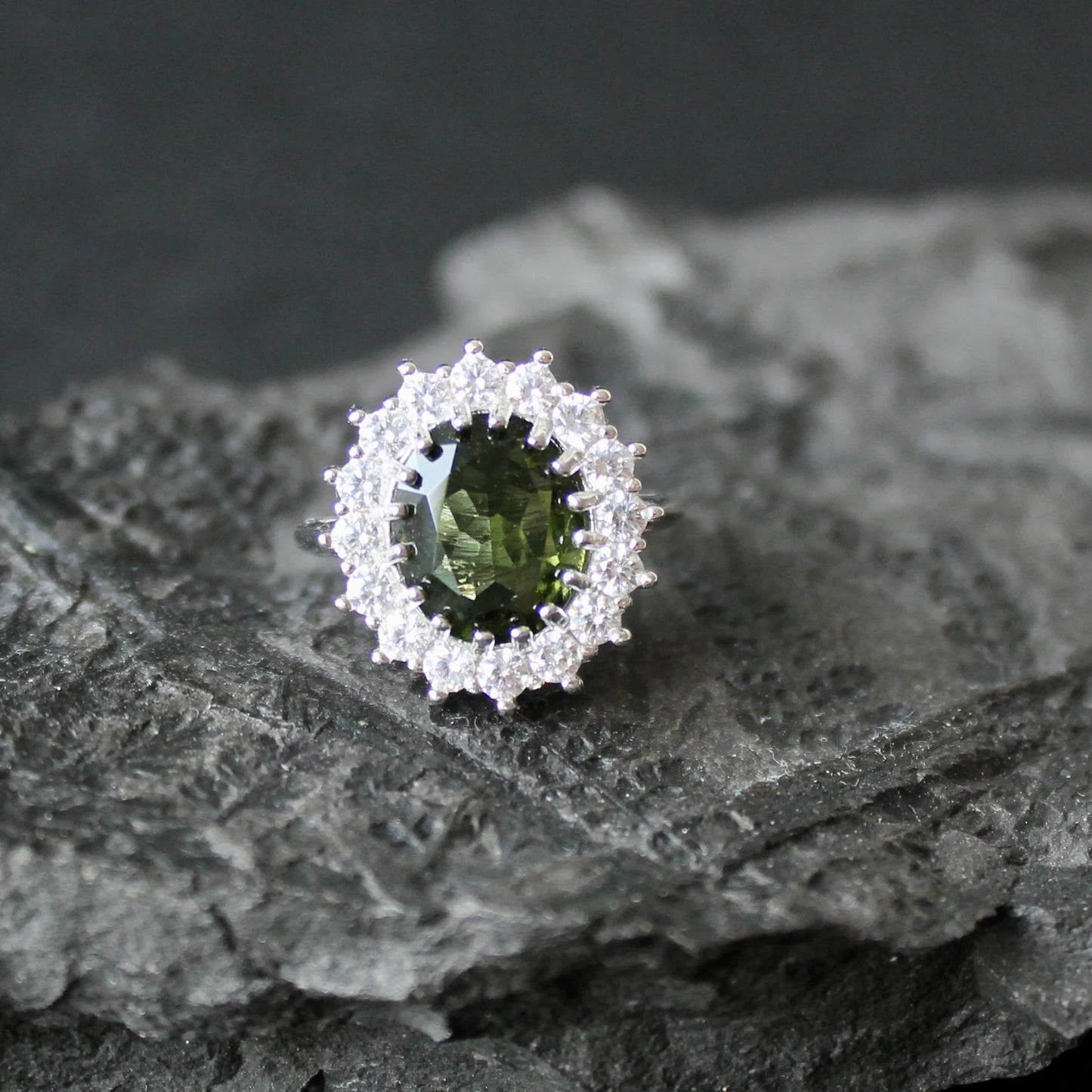 Silver Moldavite Ring 9.5x11.5 mm stone, Authentic Moldavite jewelry- Genuine Moldavite gemstone ring, Faceted moldavite ring real moldavite
