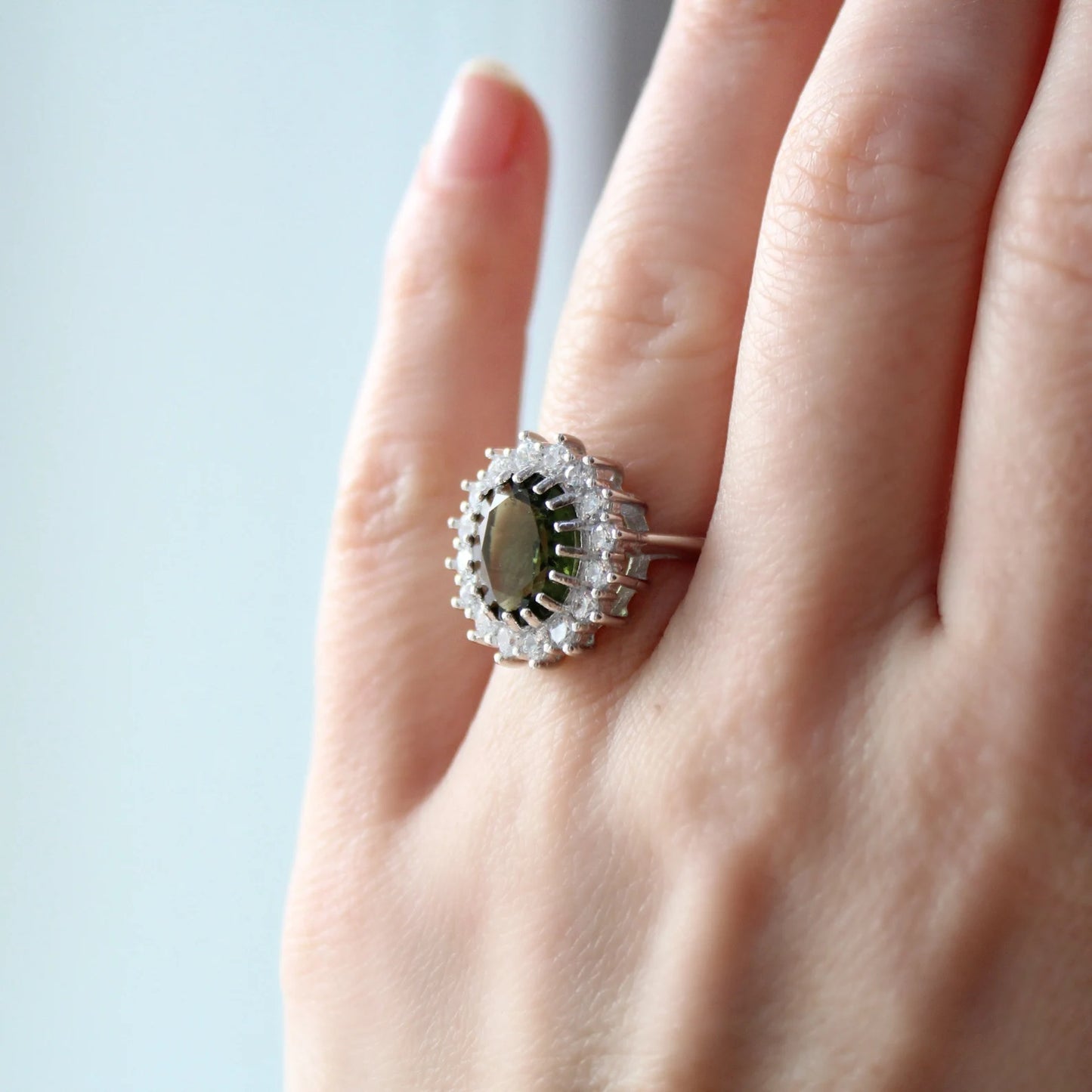 Silver Moldavite Ring 9.5x11.5 mm stone, Authentic Moldavite jewelry- Genuine Moldavite gemstone ring, Faceted moldavite ring real moldavite