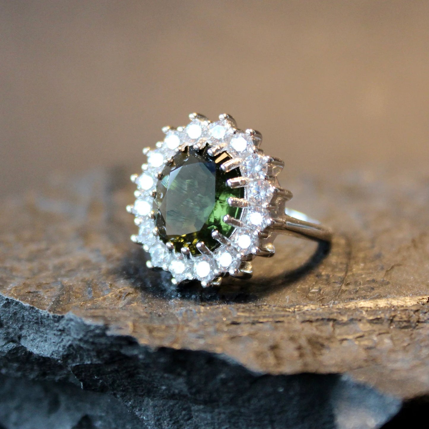 Silver Moldavite Ring 9.5x11.5 mm stone, Authentic Moldavite jewelry- Genuine Moldavite gemstone ring, Faceted moldavite ring real moldavite