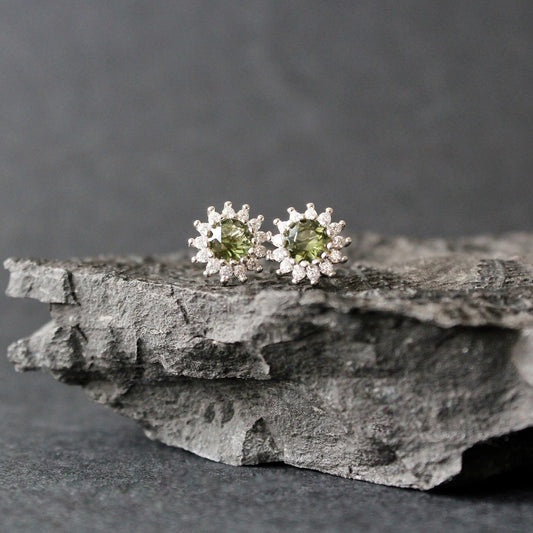 5 mm CZECH MOLDAVITE Earrings Silver jewelry real Moldavite Stud Earrings, genuine moldavite earrings Moldavite jewelry celestial earrings