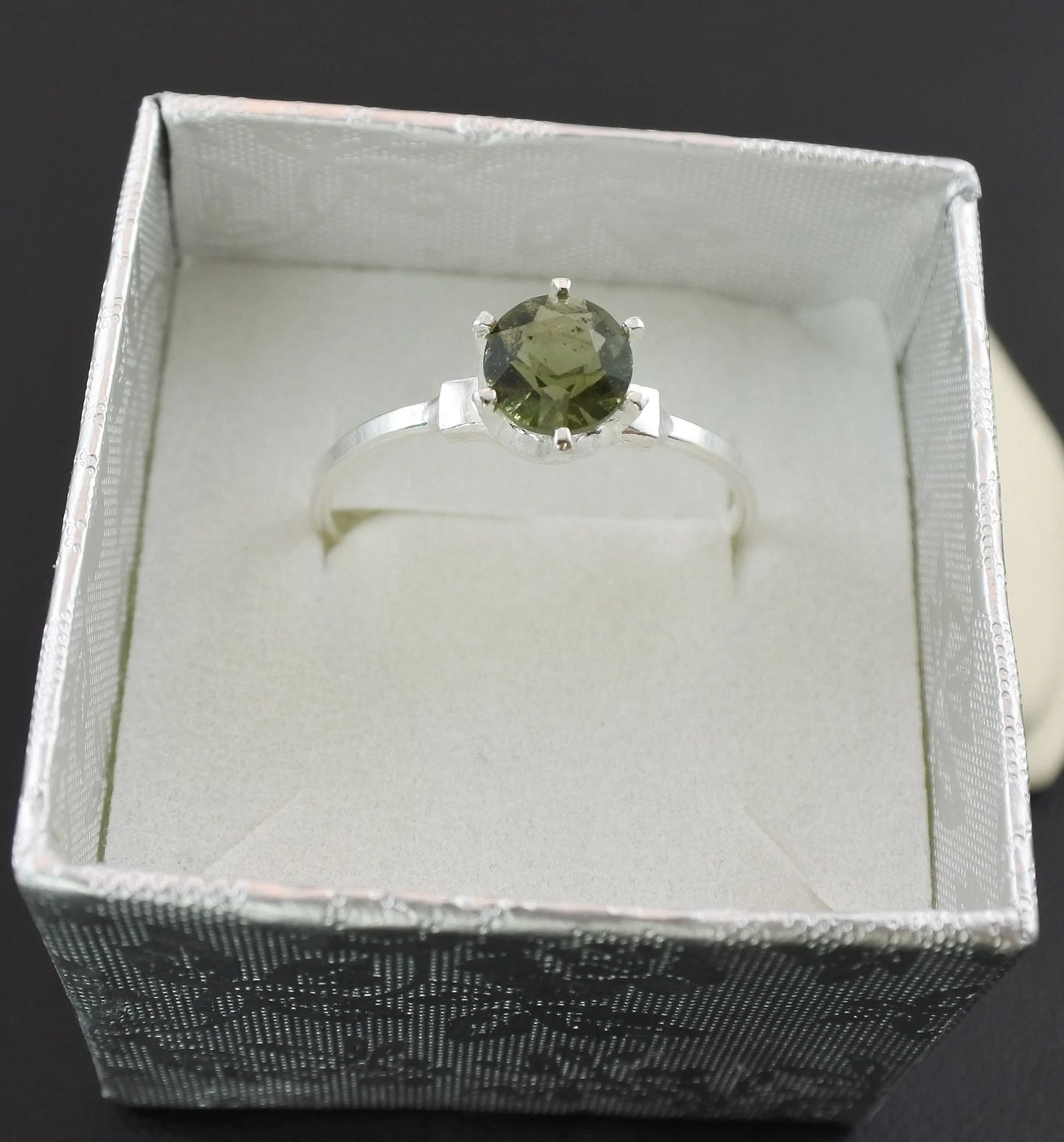 Sterling Silver Moldavite Ring 6mm stone, Authentic Moldavite jewelry- Czech Genuine Moldavite gemstone ring, Natural moldavite ring silver