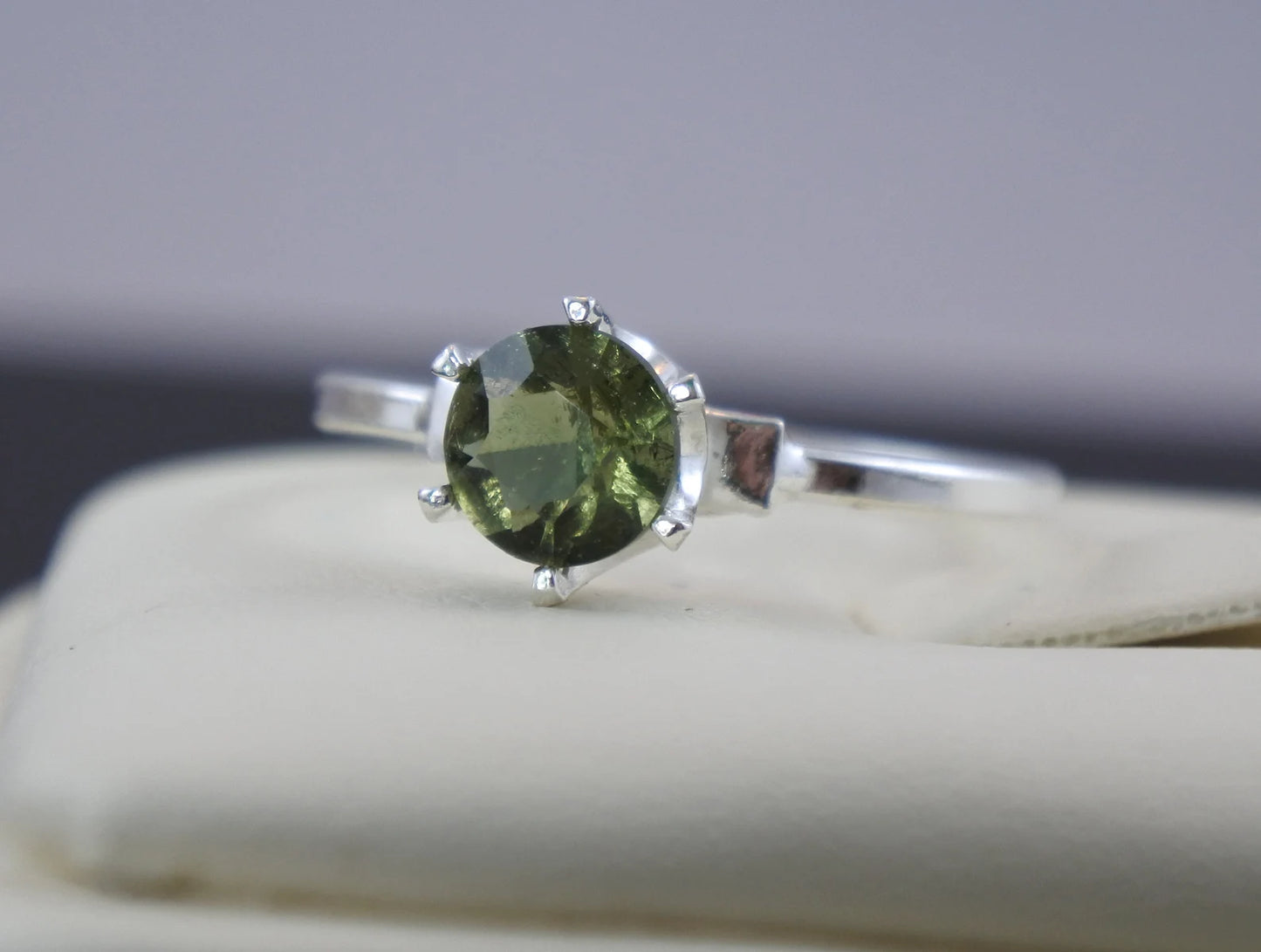 Sterling Silver Moldavite Ring 6mm stone, Authentic Moldavite jewelry- Czech Genuine Moldavite gemstone ring, Natural moldavite ring silver