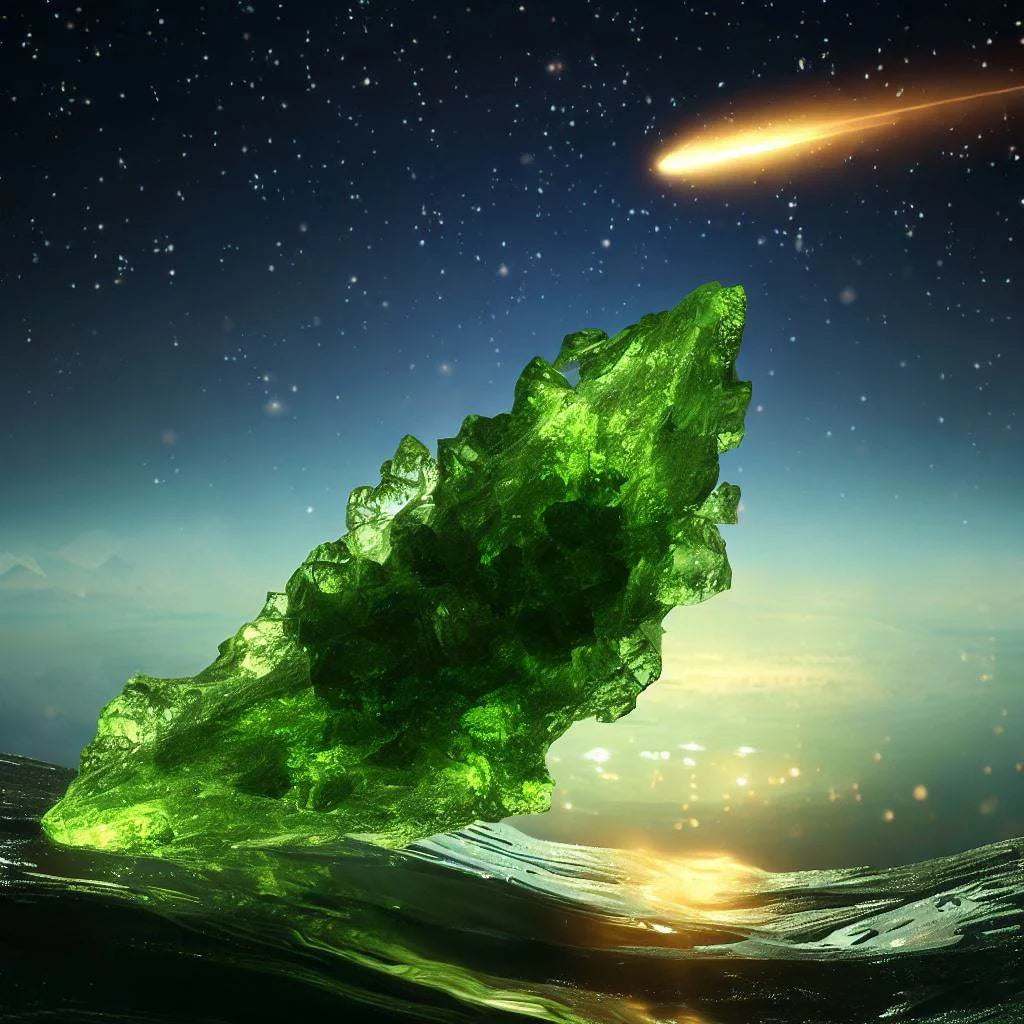 Moldavite is a natural glass that is believed to have formed from the heat of an asteroid impact