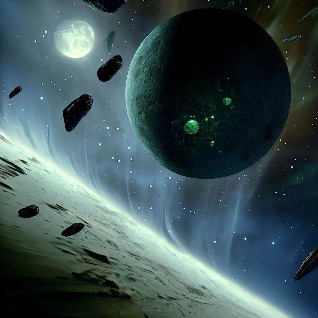 Green moldavite specimen floating against cosmic background, depicting the stone’s debated cosmic origin.
