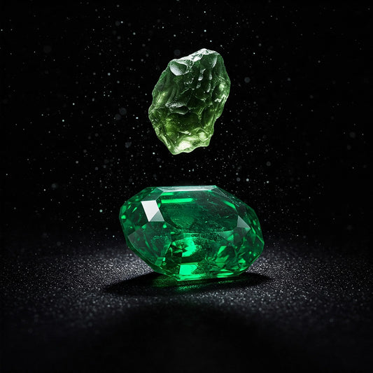 Lustrous emerald and raw moldavite levitate over black velvet in a high-fashion, opulent still life.