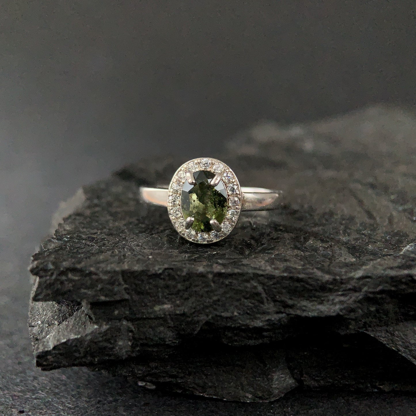 Silver Moldavite Ring 6x8 mm stone, Real Authentic Moldavite jewelry - Genuine Moldavite gemstone ring, Faceted moldavite ring