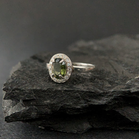 Silver Moldavite Ring 6x8 mm stone, Real Authentic Moldavite jewelry - Genuine Moldavite gemstone ring, Faceted moldavite ring