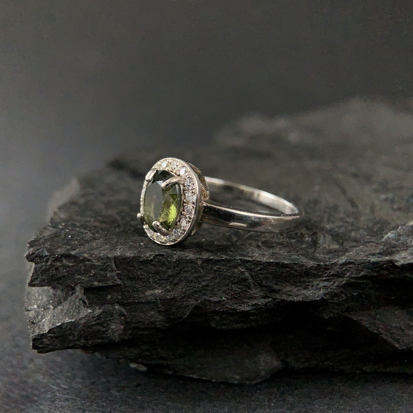 Silver Moldavite Ring 6x8 mm stone, Real Authentic Moldavite jewelry - Genuine Moldavite gemstone ring, Faceted moldavite ring