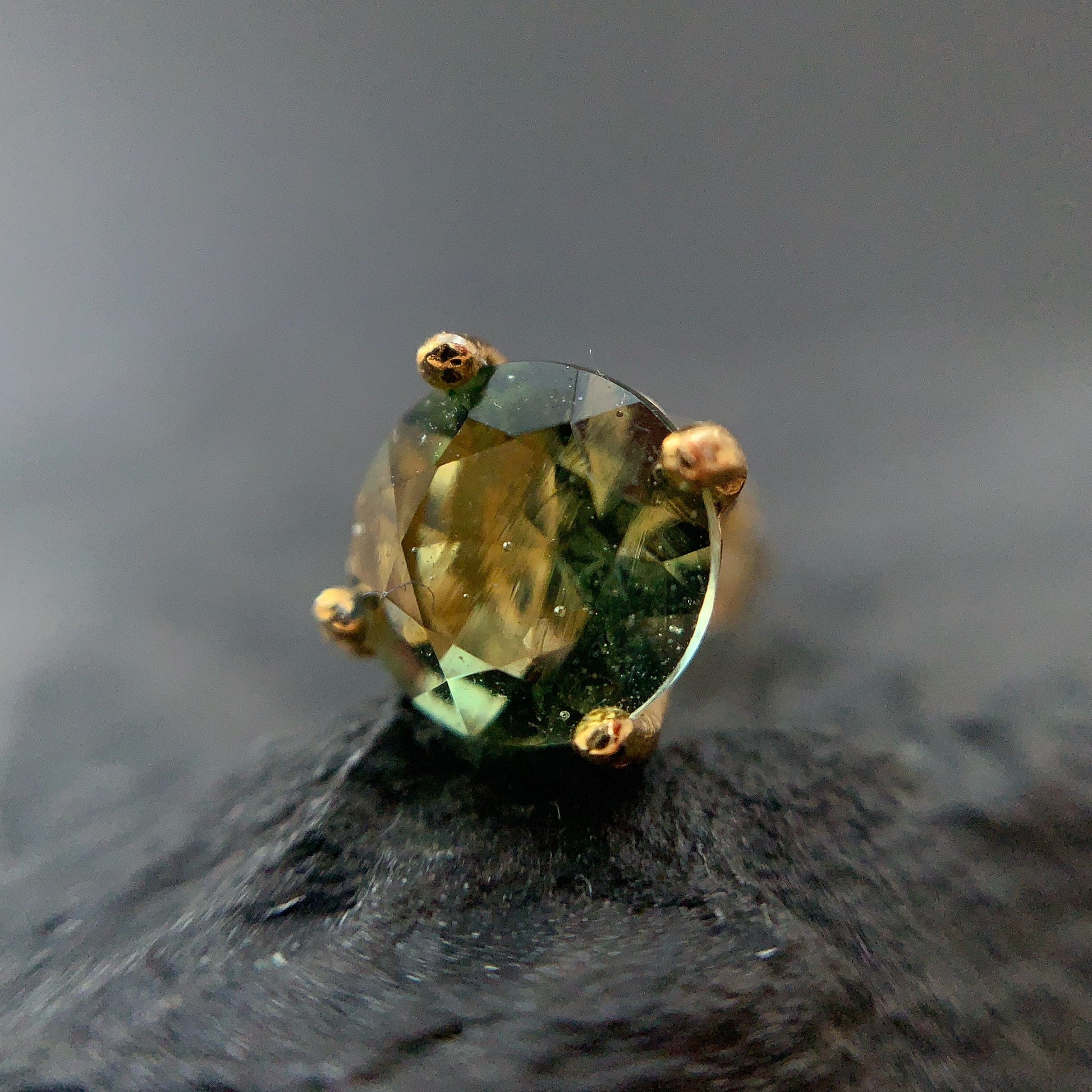 Gold plated earring with a moldavite on a dark surface