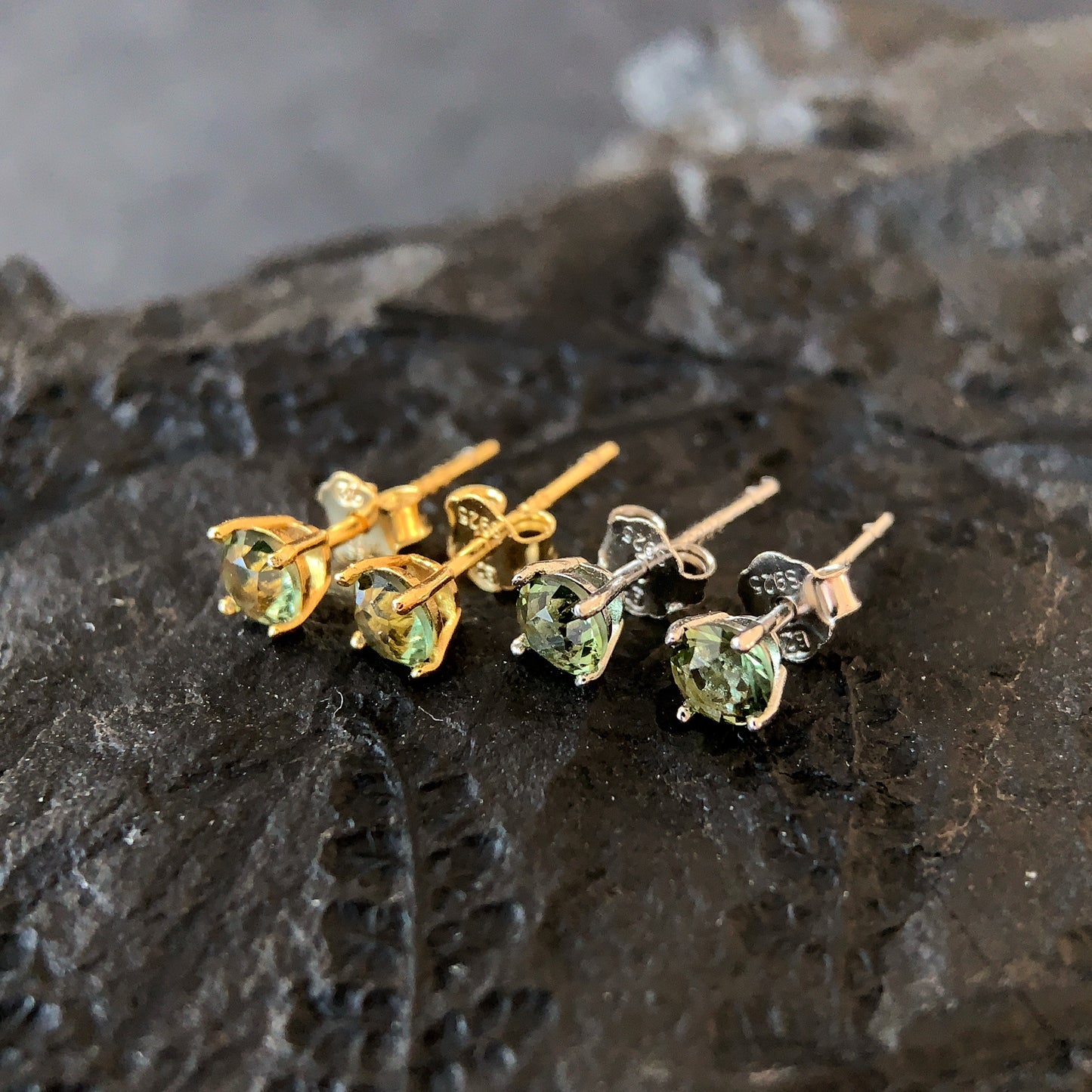 Limited edition CZECH MOLDAVITE Stud Earrings 4 mm Sterling Silver Moldavite jewelry, Certified moldavite earrings, genuine moldavite gemstone earrings