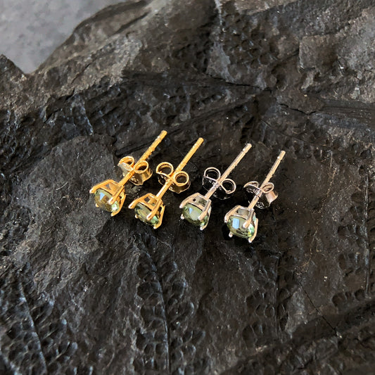 Limited edition CZECH MOLDAVITE Stud Earrings 4 mm Sterling Silver Moldavite jewelry, Certified moldavite earrings, genuine moldavite gemstone earrings