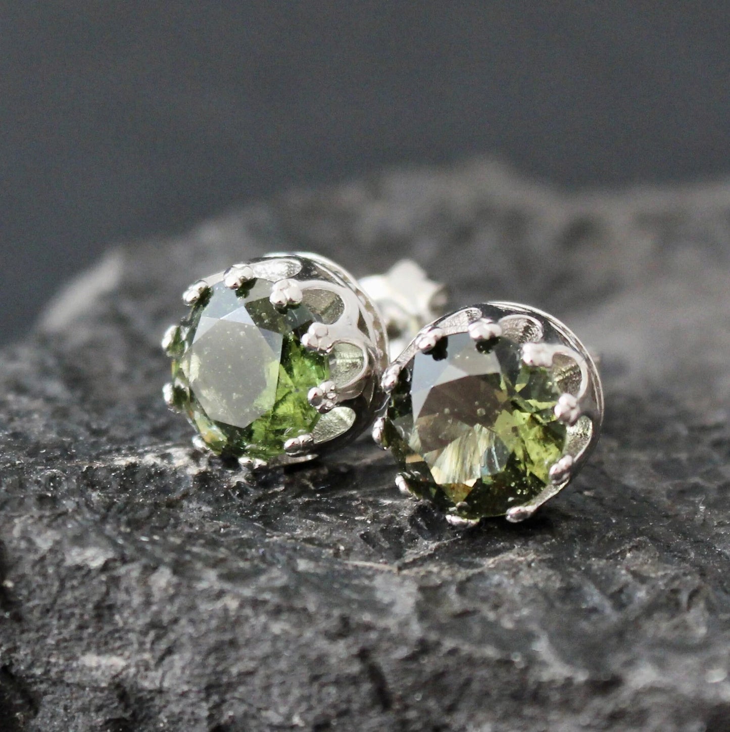 8 mm CZECH MOLDAVITE Faceted Stud Earrings Sterling Silver jewelry Moldavite from Czech Republic, genuine czech moldavite gemstone earrings