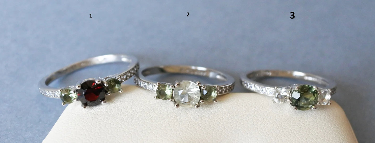 CZECH MOLDAVITE with Libyan Desert Glass ring or with Garnet Sterling silver Moldavite ring, genuine moldavite ring with certificate